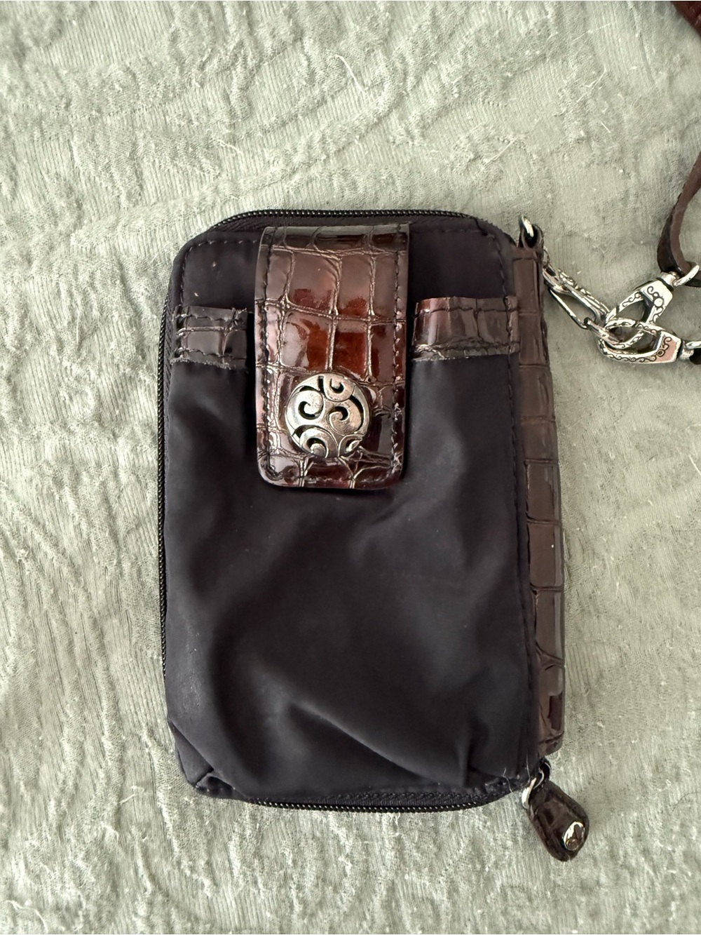 Black and Brown Crossbody Phone Pouch - Leather Accent
